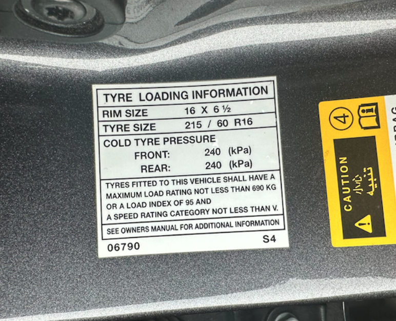 tyre placard to find tyre size